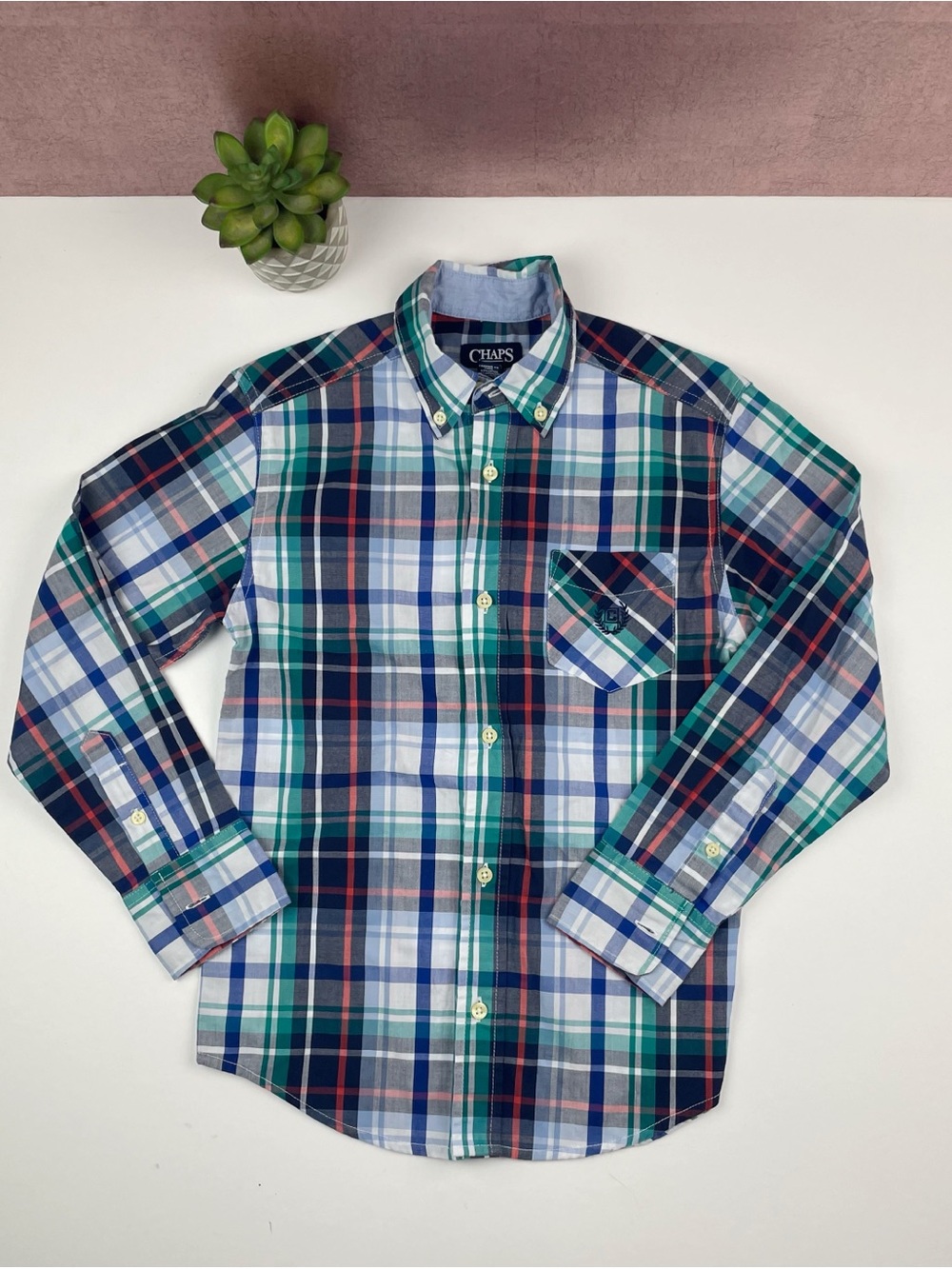 Chaps Blue Green White Plaid Collared Button Down Shirt Boy Size 8 Small